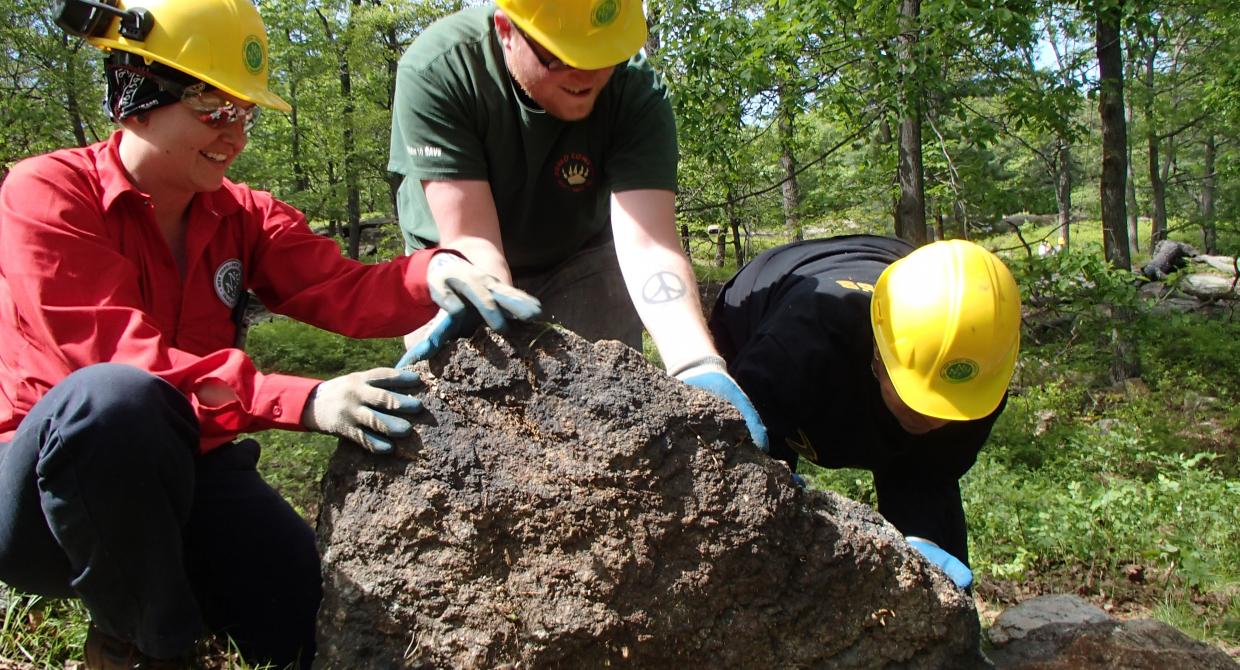 The Megalithic Trail Crew working on the Appalachian Trail at Bear Mountain. Photo by Caitlyn Ball.