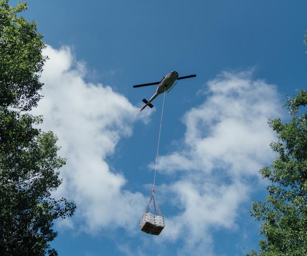 Wawayanda Terrace Pond floating walkway, helicopter dropping off materials. Photo by Jimmy Douglas/ New Jersey State Parks